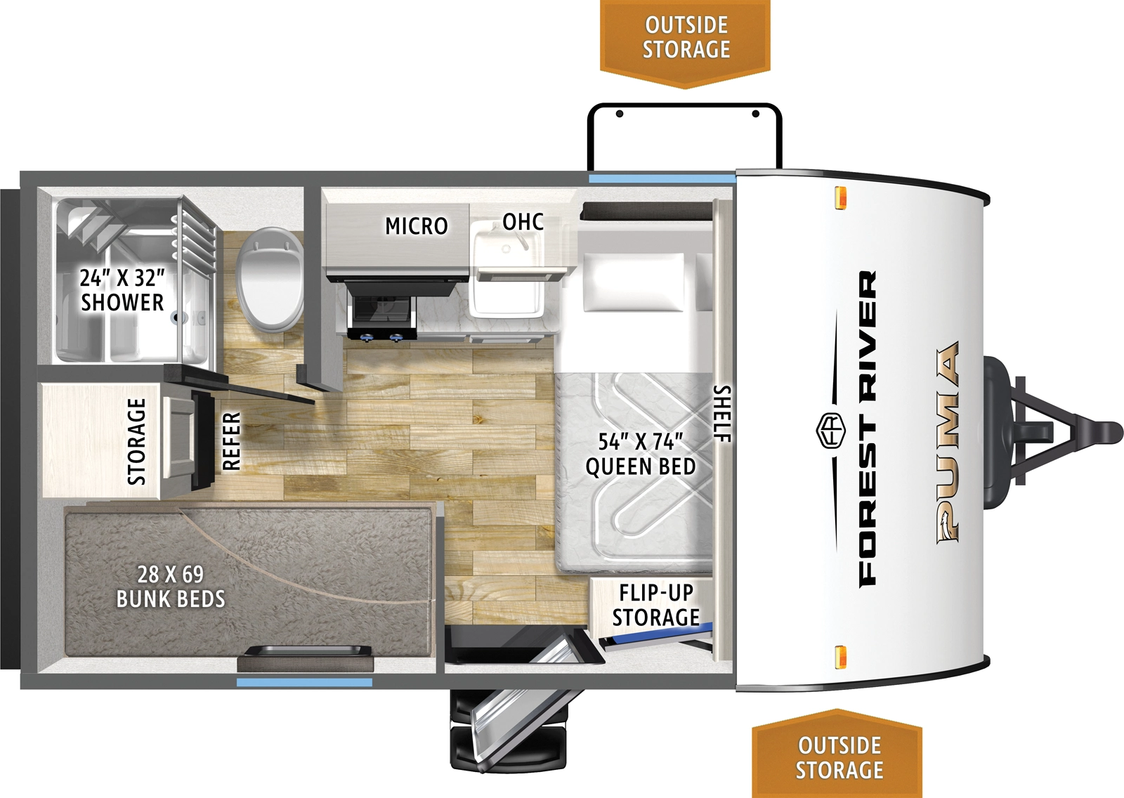 The Puma Camping Edition 122BHCE floorplan has one entry and zero slide outs. Exterior features include: metal exterior and 9' awning. Interiors features include: bunk beds and front bedroom.